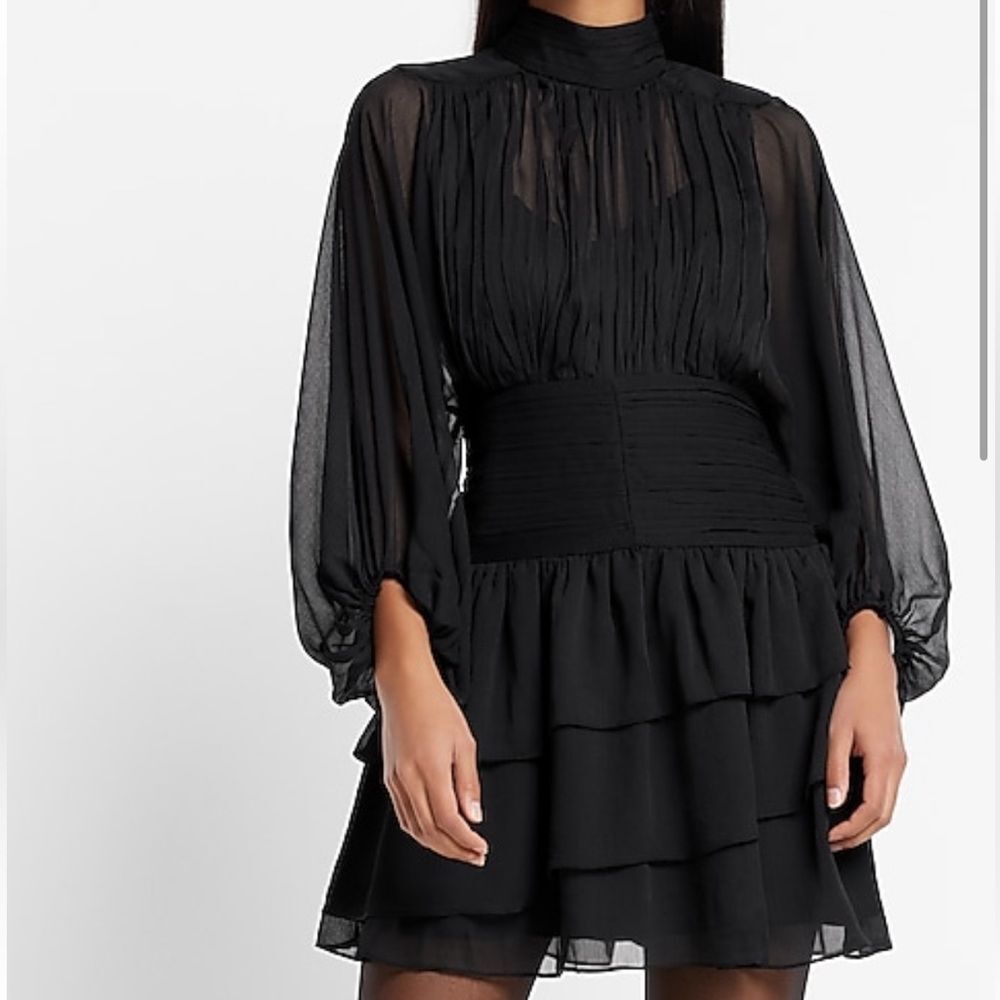 Express - mock neck long sleeve pleated‎ waist tiered ruffle mini dress